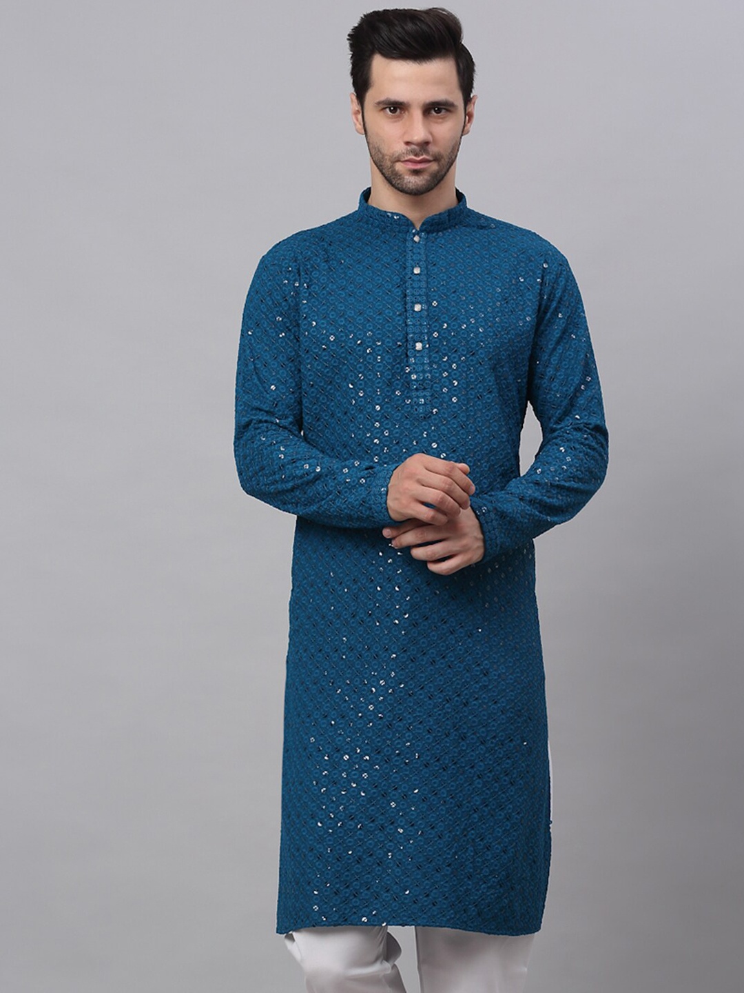 

Jompers Men Teal Floral Embroidered Sequined Cotton Kurta