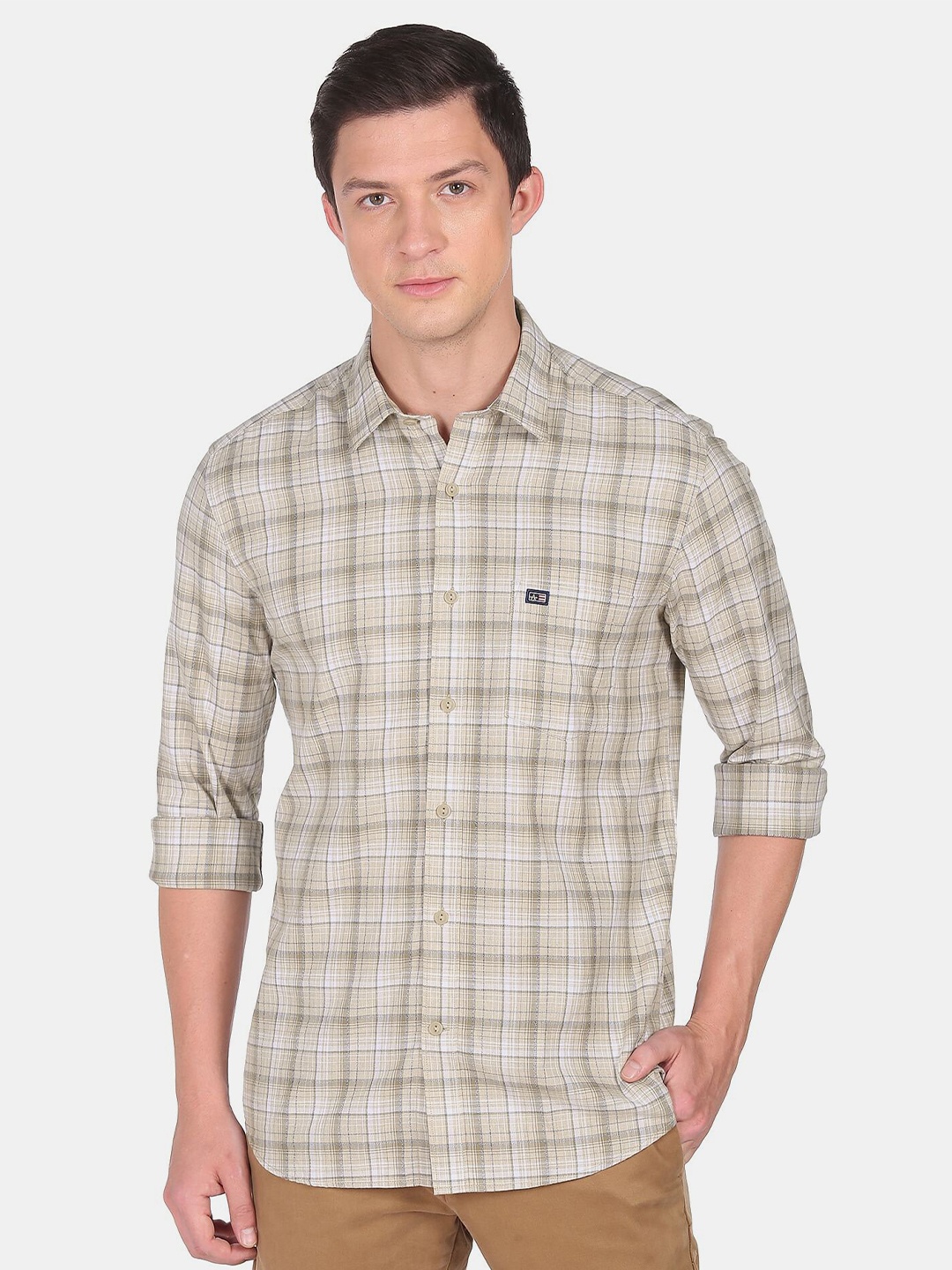 

Arrow Sport Men Slim Fit Tartan Checked Casual Shirt, Beige