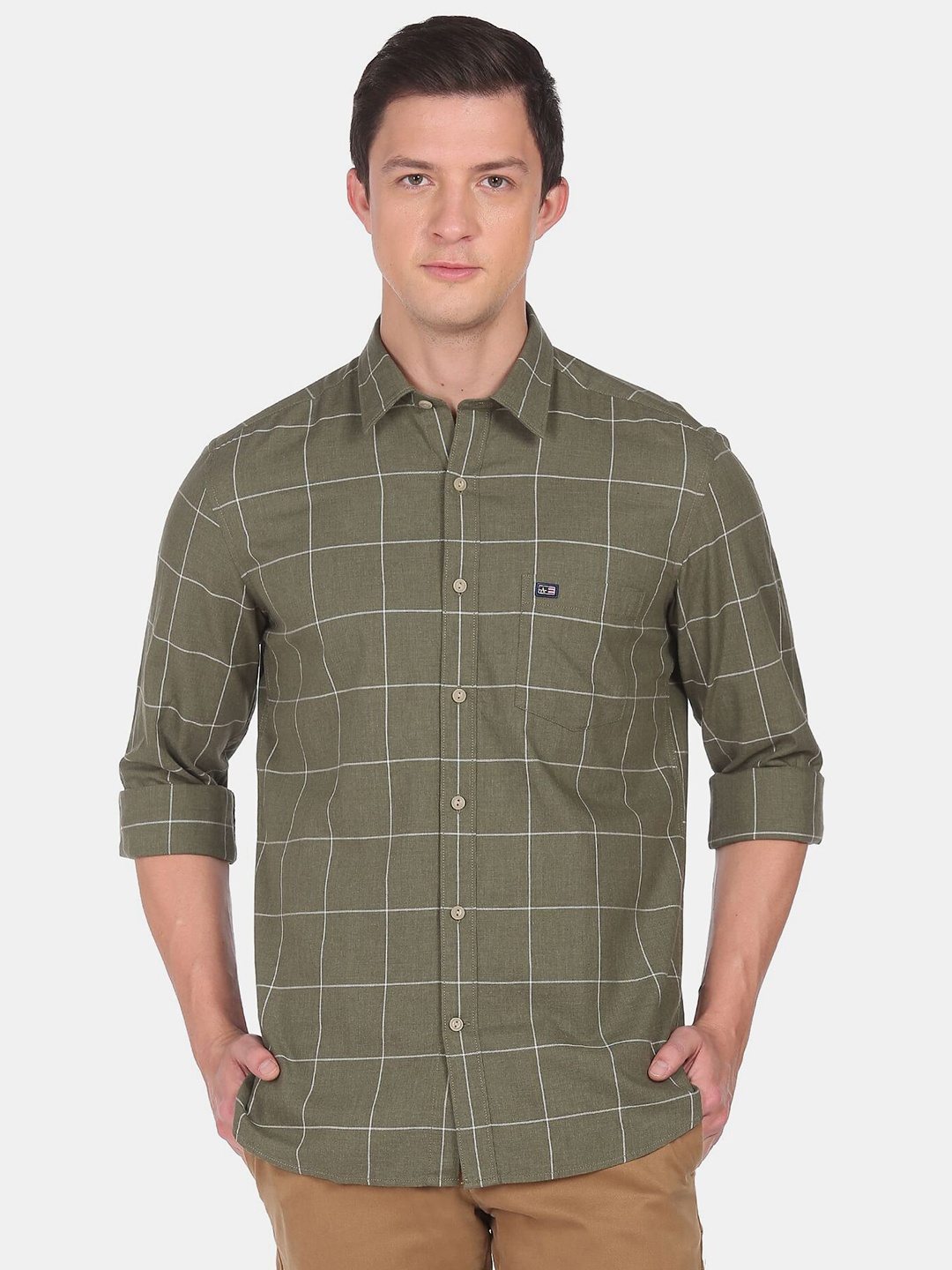 

Arrow Sport Men Slim Fit Windowpane Checked Casual Shirt, Olive