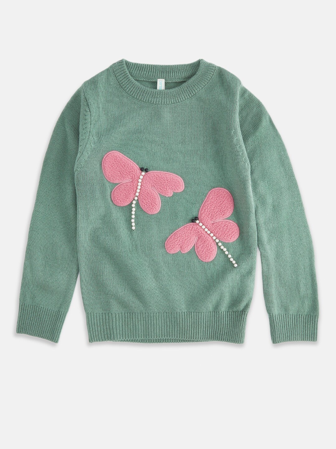 

Pantaloons Junior Girls Green & Pink Embroidered Cotton Pullover