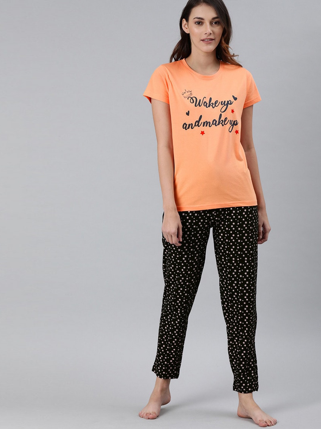 

Enviously Young Women Orange & Black Printed Night suit