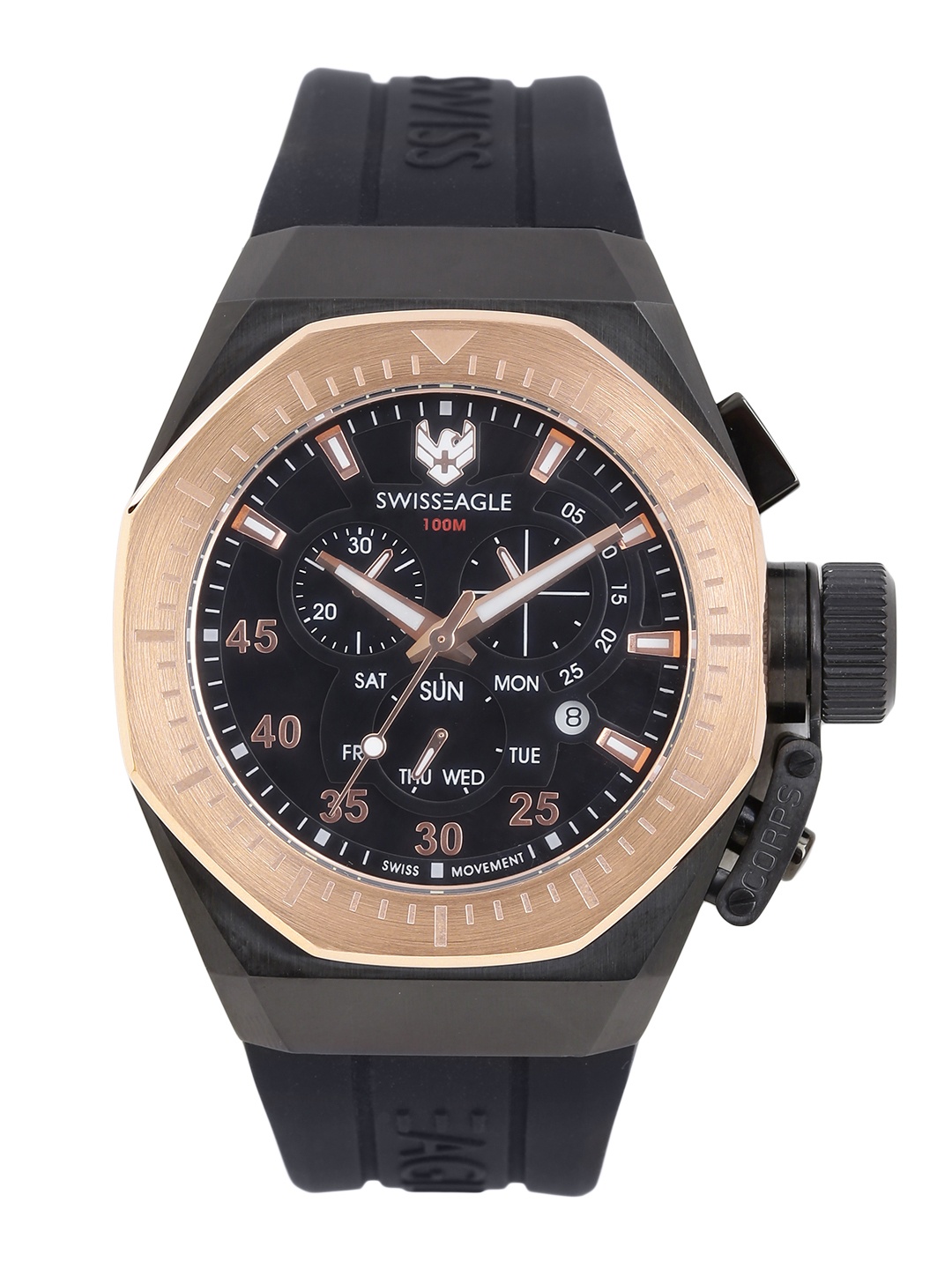 

Swiss Eagle Men Black Multifunction Chronograph Watch SE-9101-03