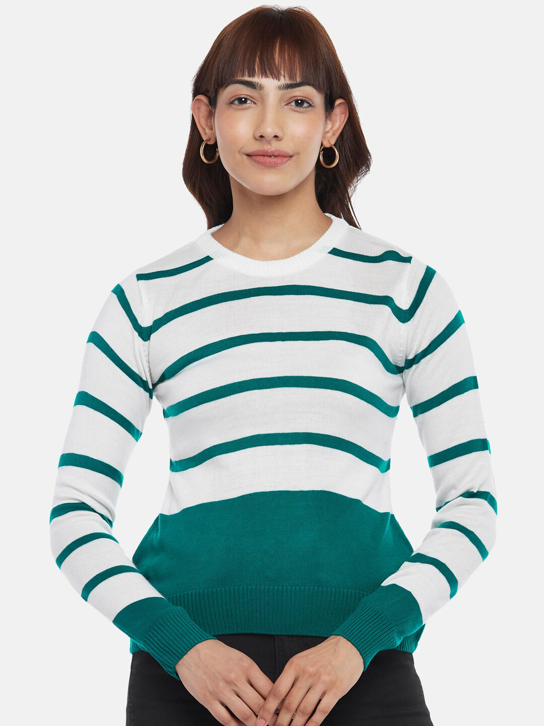 

People Women Green & White Striped Pullover