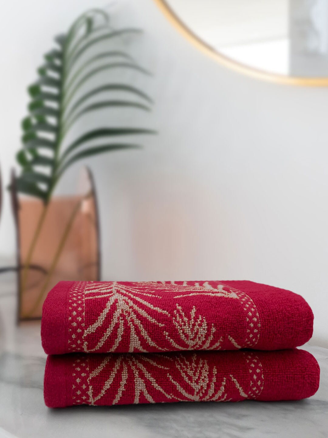 

Aura Set of 2 Maroon Printed Cotton 380 GSM Hand Towels