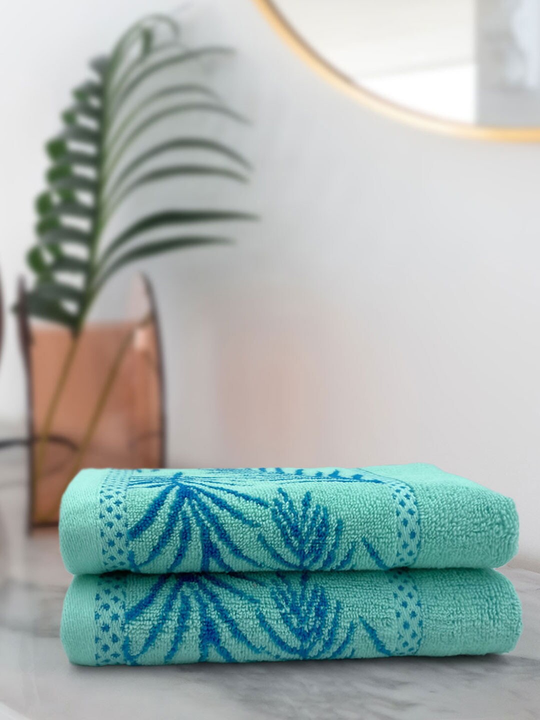 

Aura Wedelia Pack of 2 Printed 380 GSM Pure Cotton Hand Towels, Sea green