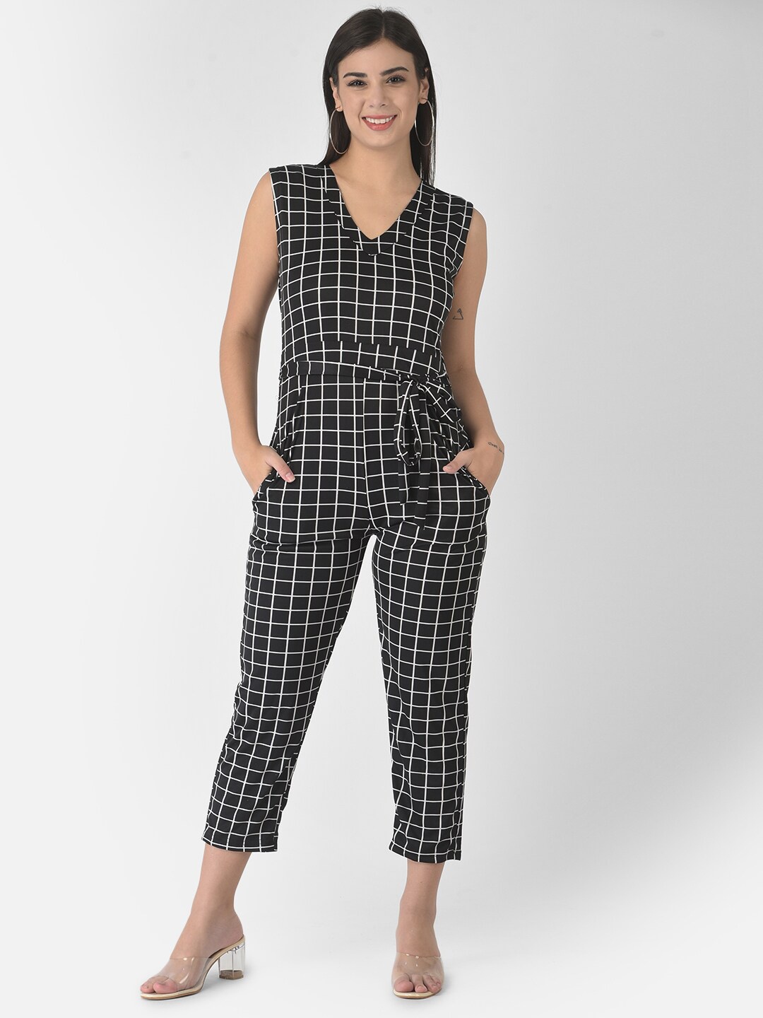 

FNOCKS Women Black & White Checked Cotton Basic Jumpsuit