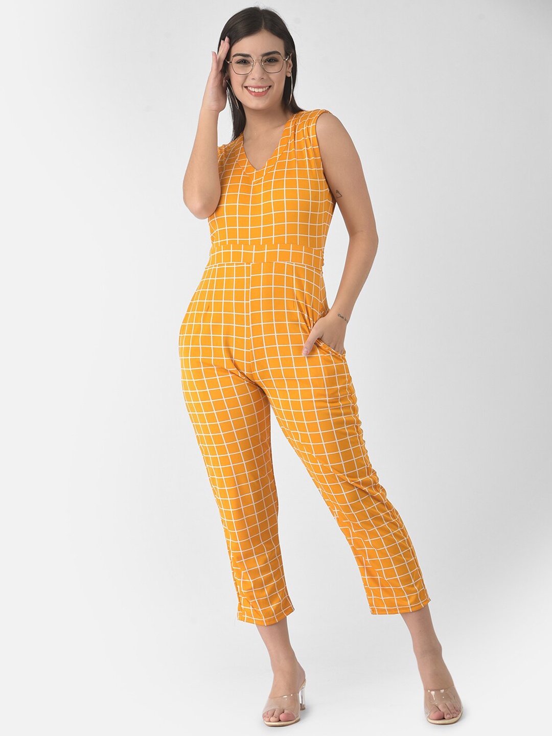 

FNOCKS Yellow & Off White Checked Basic Jumpsuit