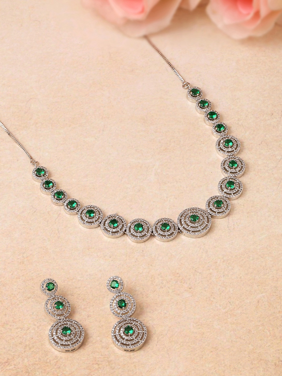 

Yellow Chimes Rhodium Plated American Diamond Studded Jewellery Set, Silver