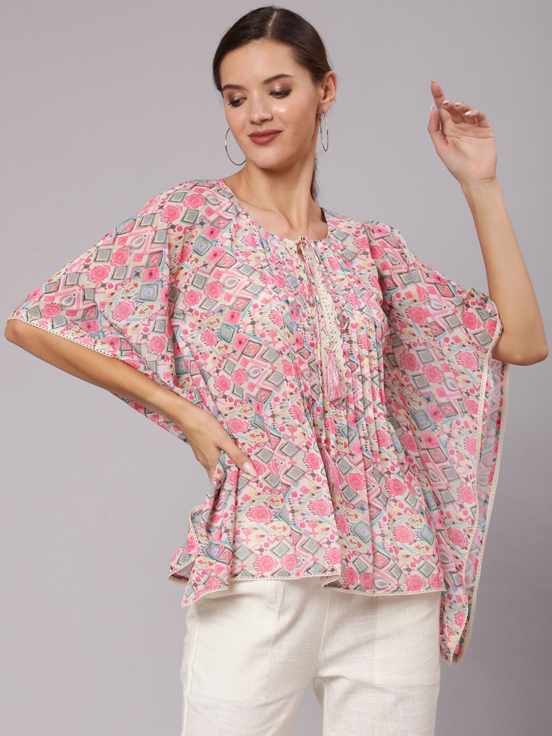 

Jaipur Kurti Women Pink & Off-White Printed Georgette Kaftan Top With Pants