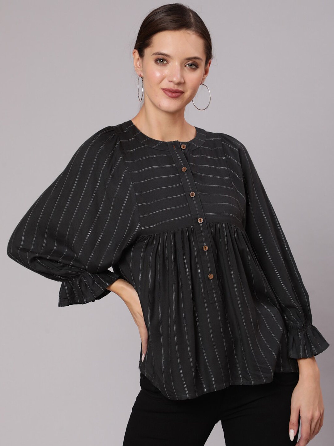 

Jaipur Kurti Women Grey Striped Mandarin Collar Top