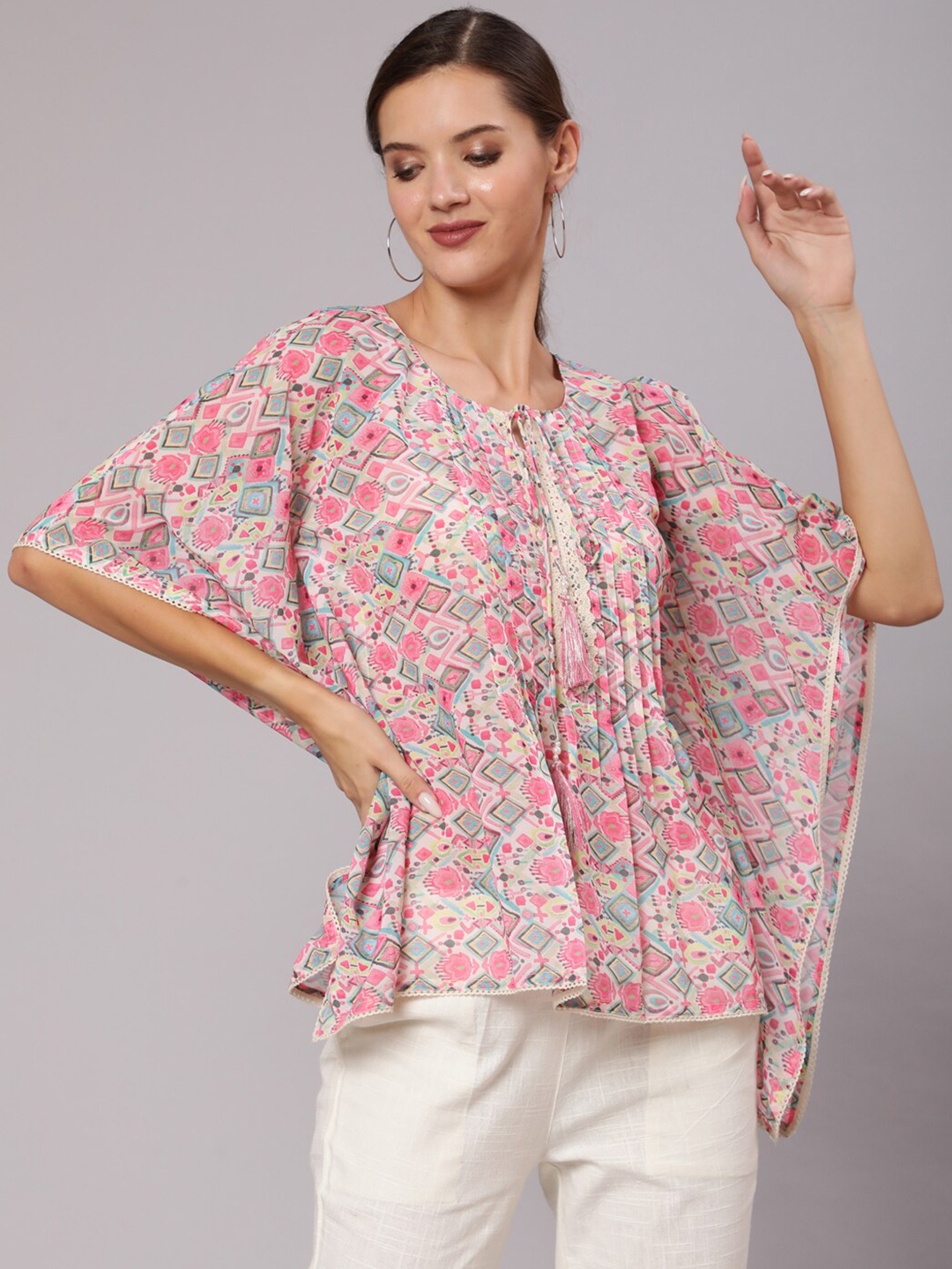 

Jaipur Kurti Women Pink & Blue Geometric Printed Kaftan Top