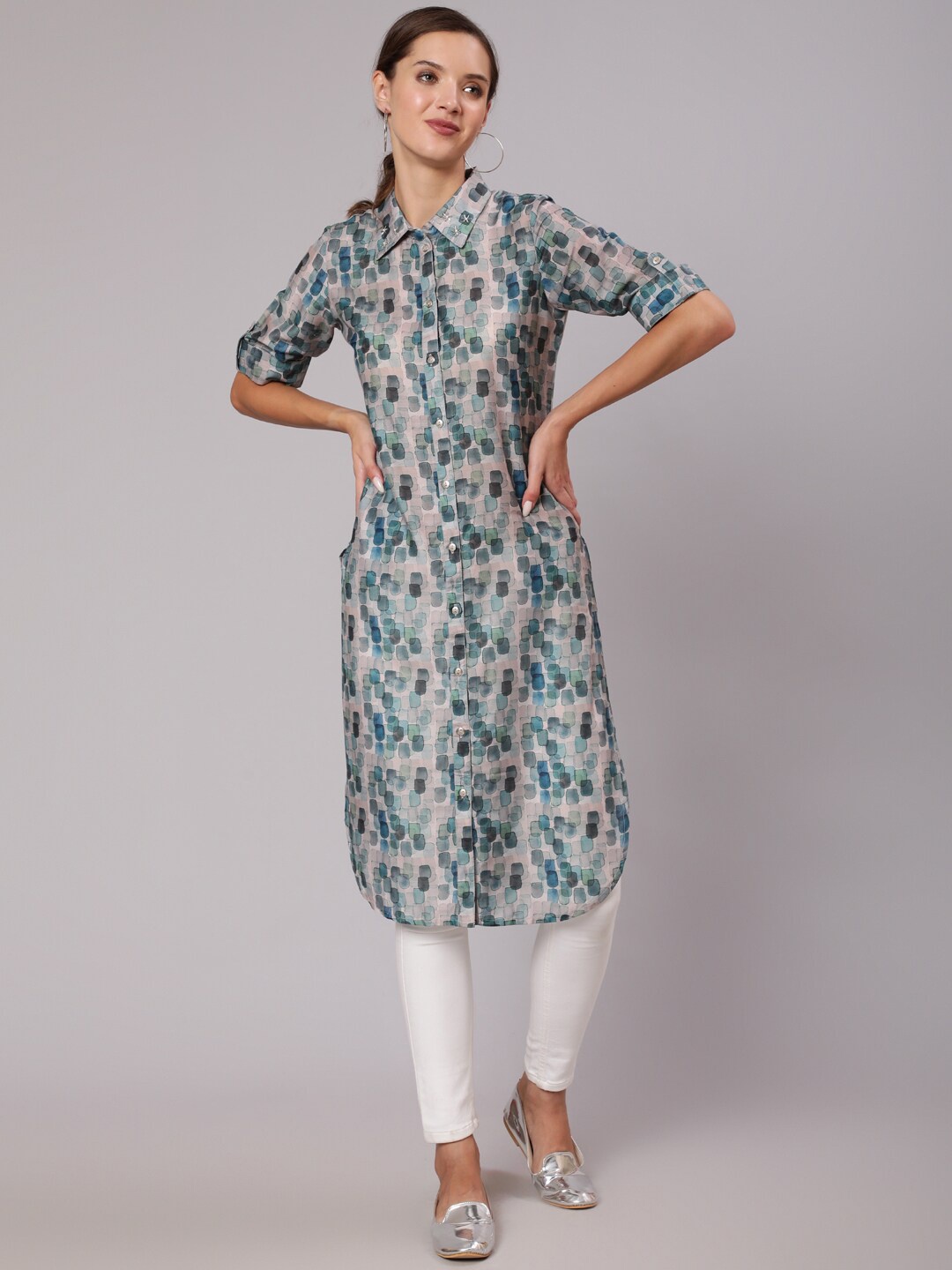 

Jaipur Kurti Women Grey & Blue Geometric Printed Pathani Kurta