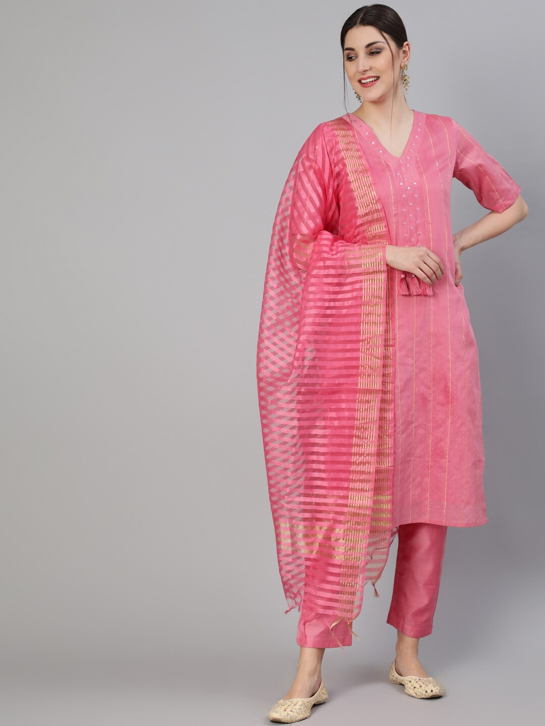 

Jaipur Kurti Women Striped Chanderi Silk Kurta With Trousers & Dupatta, Pink