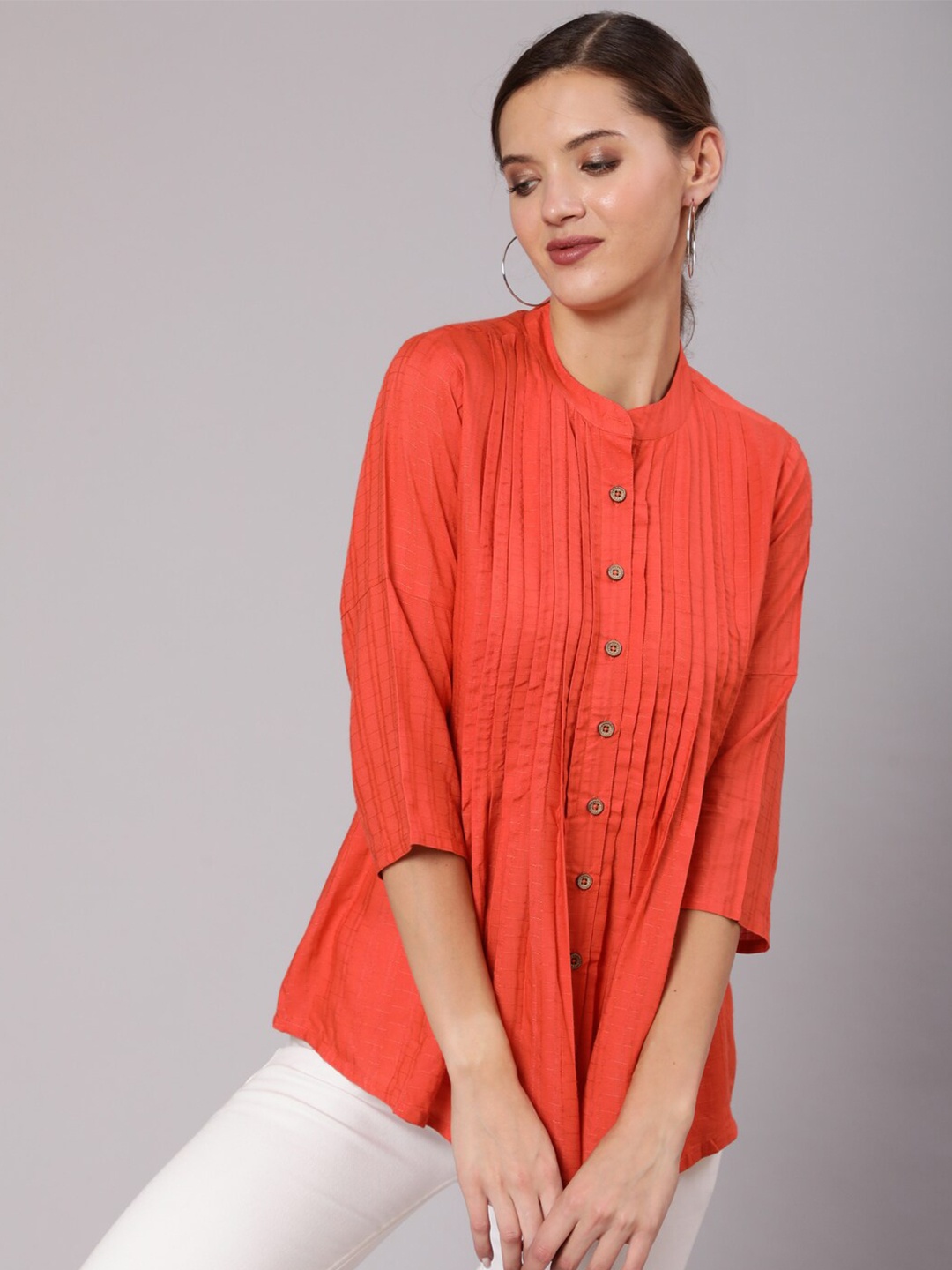 

Jaipur Kurti Mandarin Collar Shirt Style Top, Orange