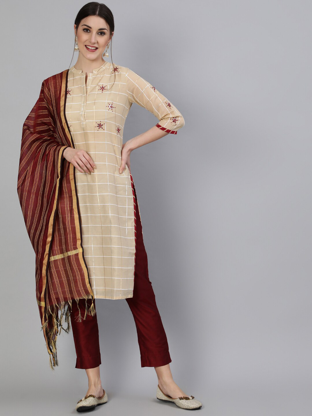 

Jaipur Kurti Women Beige Chanderi Cotton Kurta with Trousers & With Dupatta