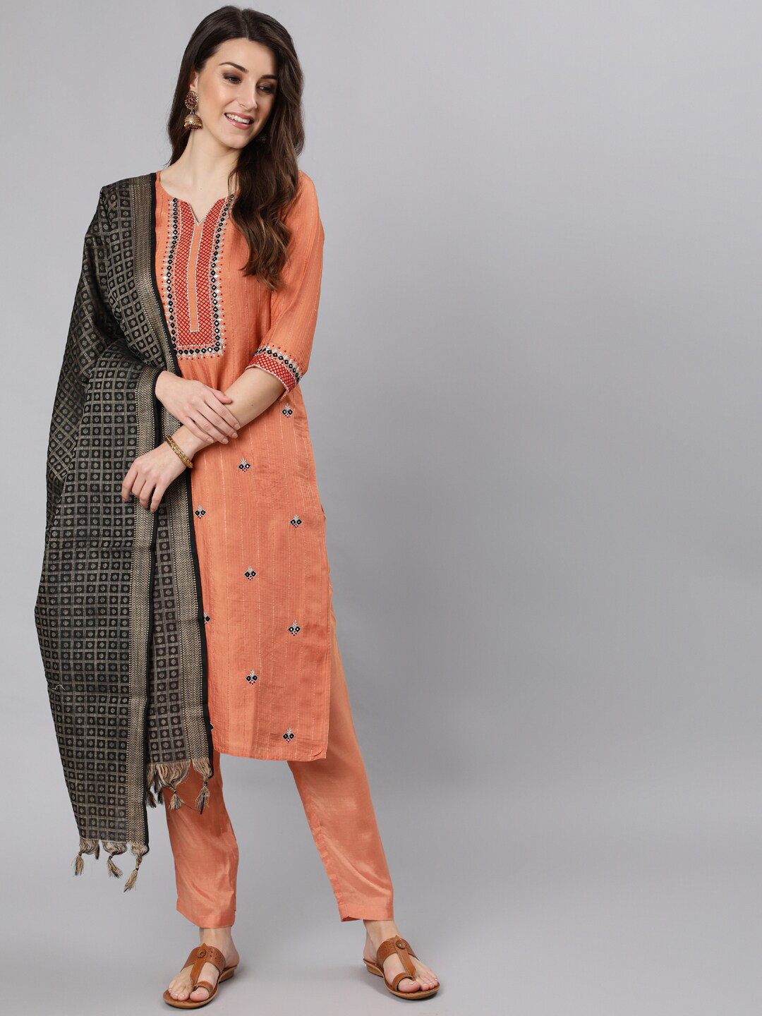 

Jaipur Kurti Women Printed Thread Work Kurta with Trousers & With Dupatta, Brown