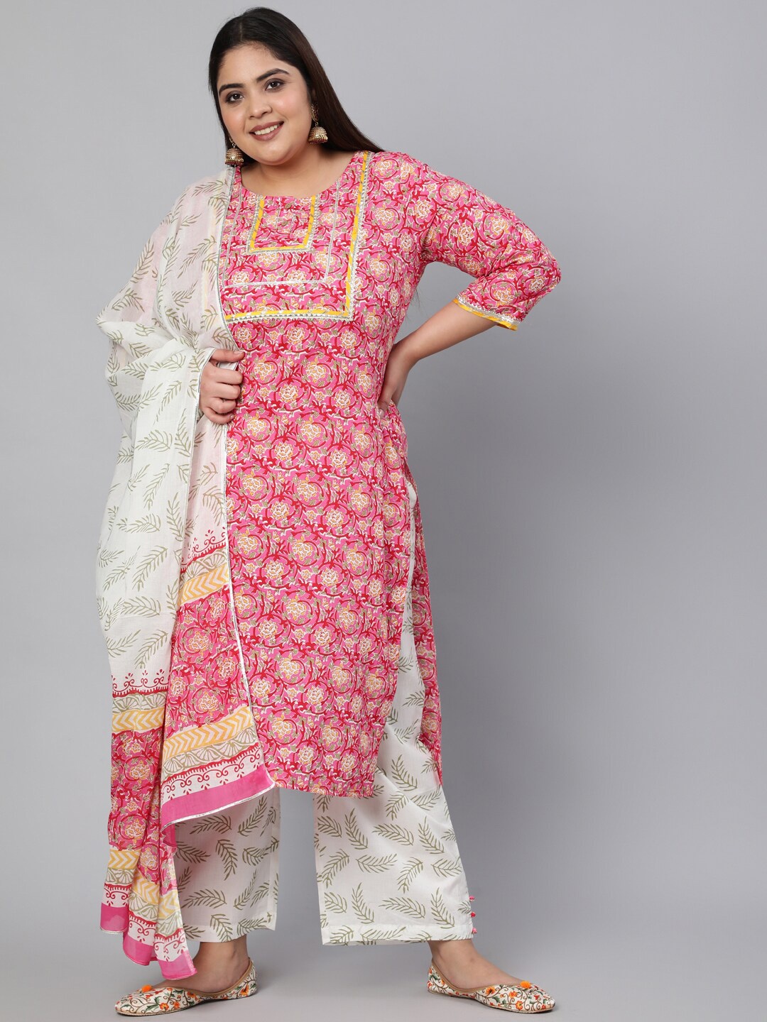 

Jaipur Kurti Plus Size Women Floral Printed Pure Cotton Kurta with Palazzos & With Dupatta, Pink