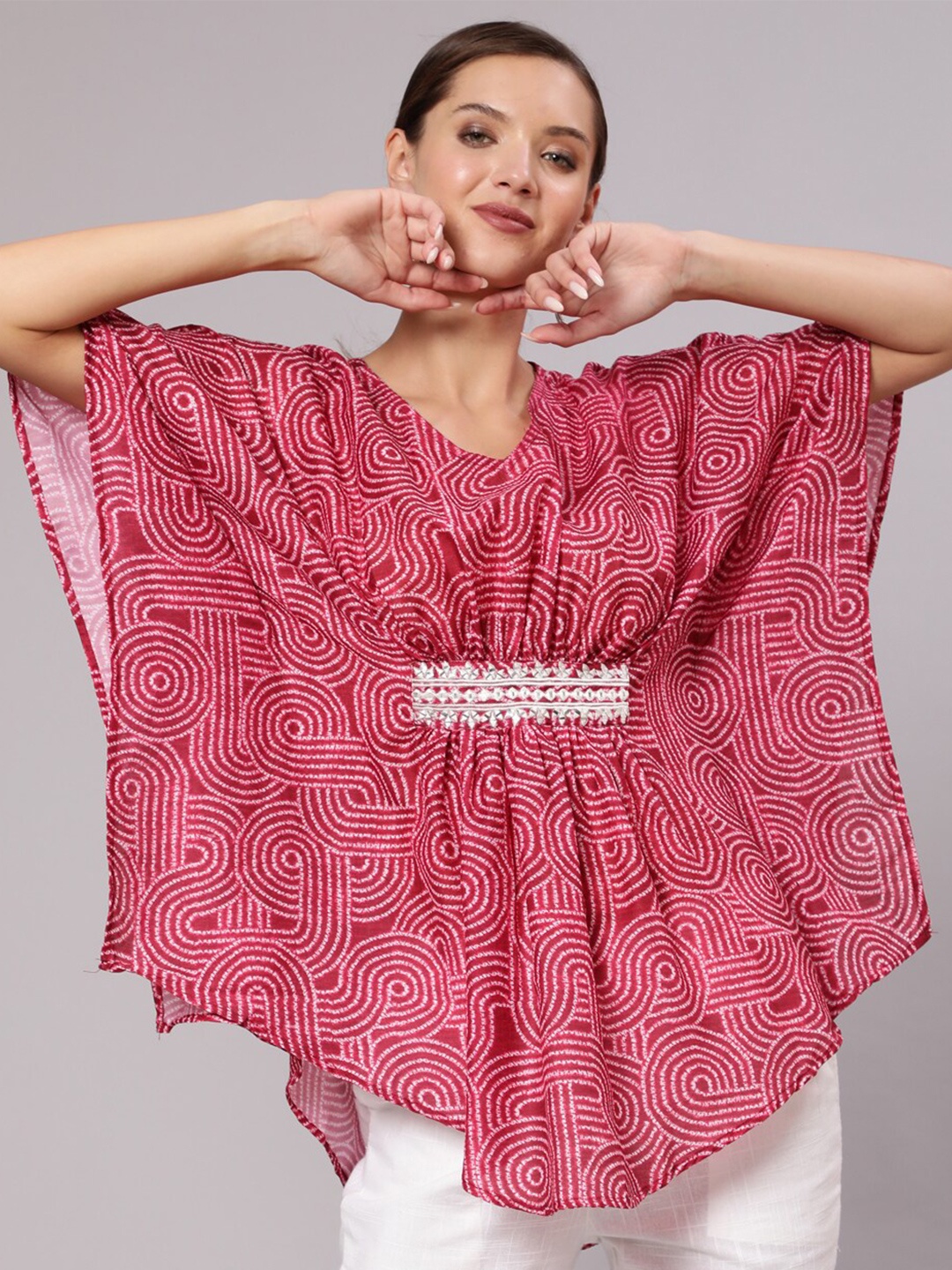 

Jaipur Kurti Women Red Geometric Printed & Embroidered Silk Blend Kaftan Top