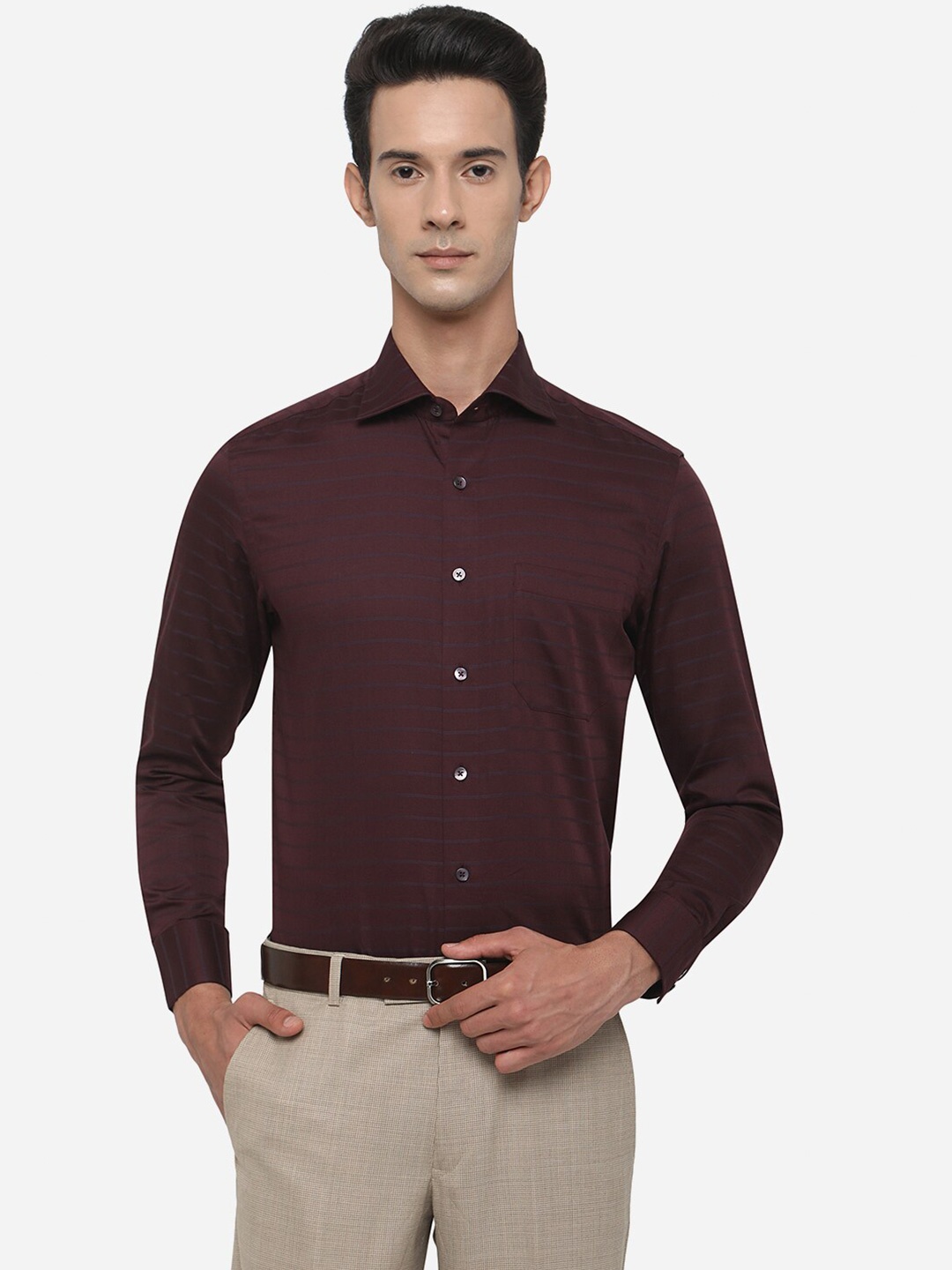 

METAL Men Slim Fit Horizontal Striped Formal Shirt, Maroon