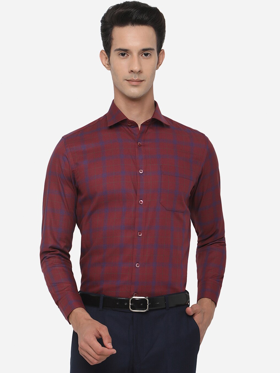 

METAL Men Slim Fit Grid Tattersall Checked Formal Shirt, Maroon