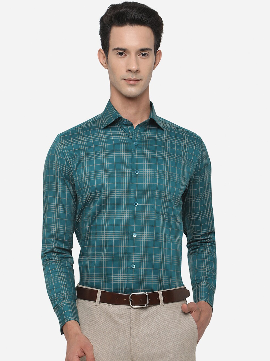 

METAL Men Green Slim Fit Checked Formal Shirt