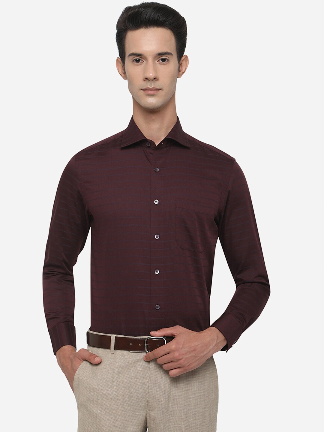 

METAL Men Slim Fit Horizontal Striped Formal Shirt, Maroon