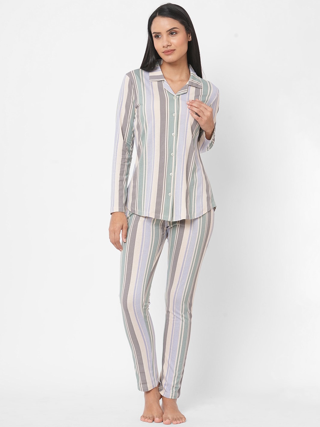 

SDL by Sweet Dreams Women Green & Purple Striped Night suit