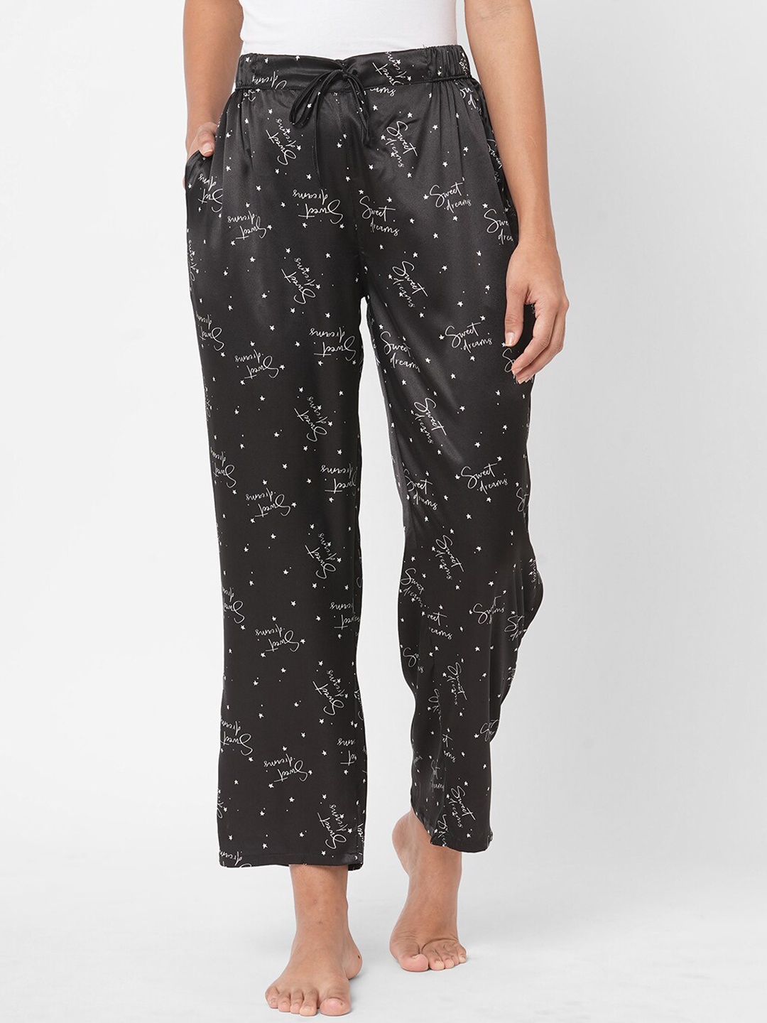 

Sweet Dreams Women Black Satin Printed Lounge Pant
