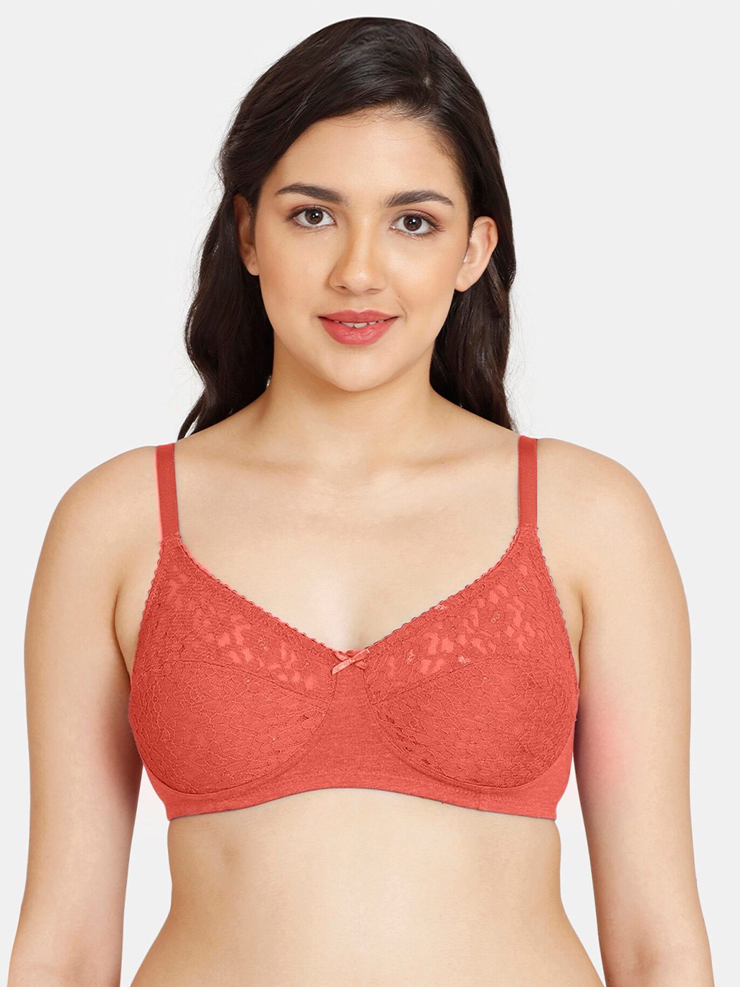 

Rosaline by Zivame Orange Floral Lace Half Coverage Seamless T Shirt Bra