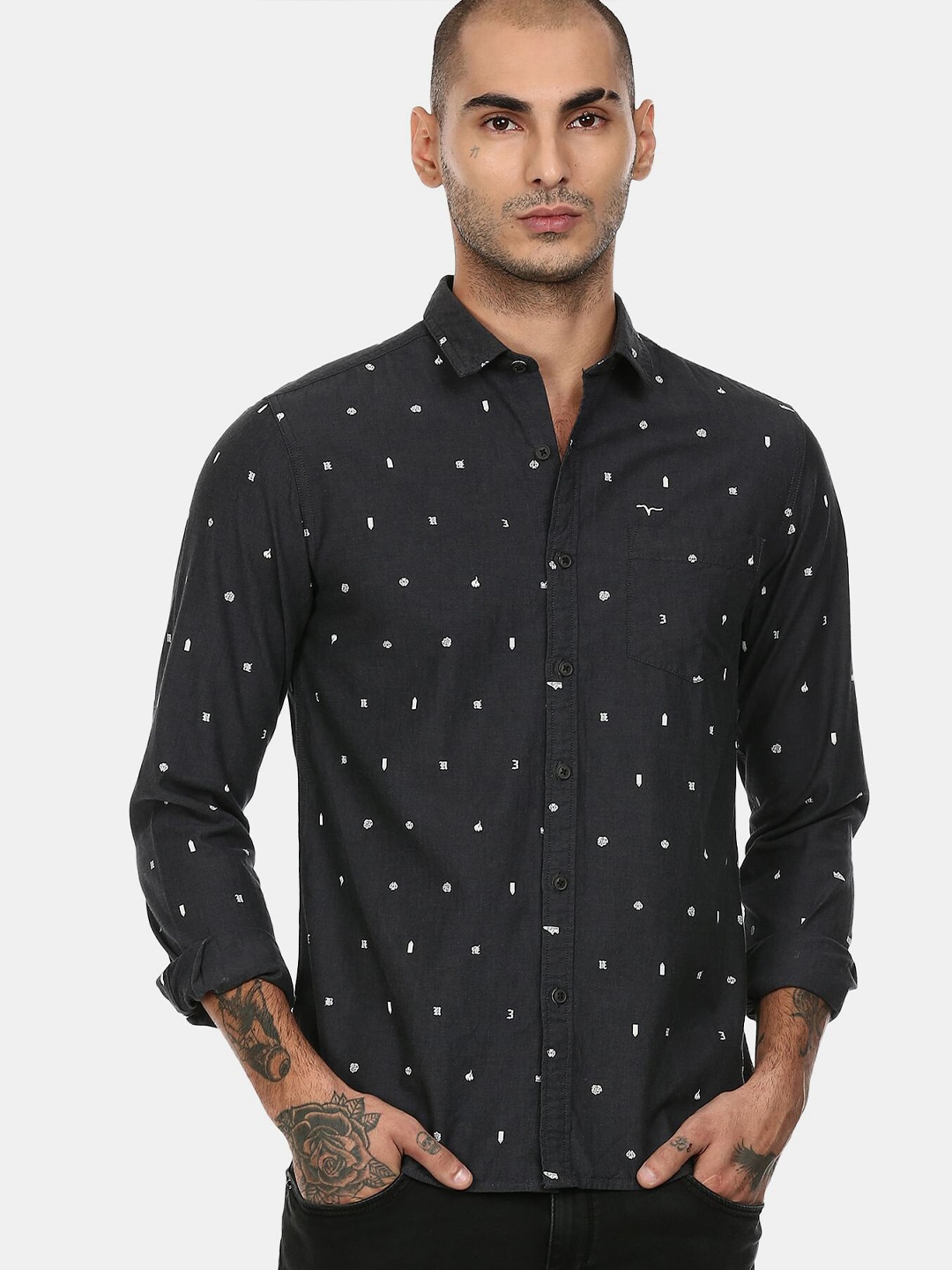 

Flying Machine Men Printed Pure Cotton Casual Shirt, Charcoal