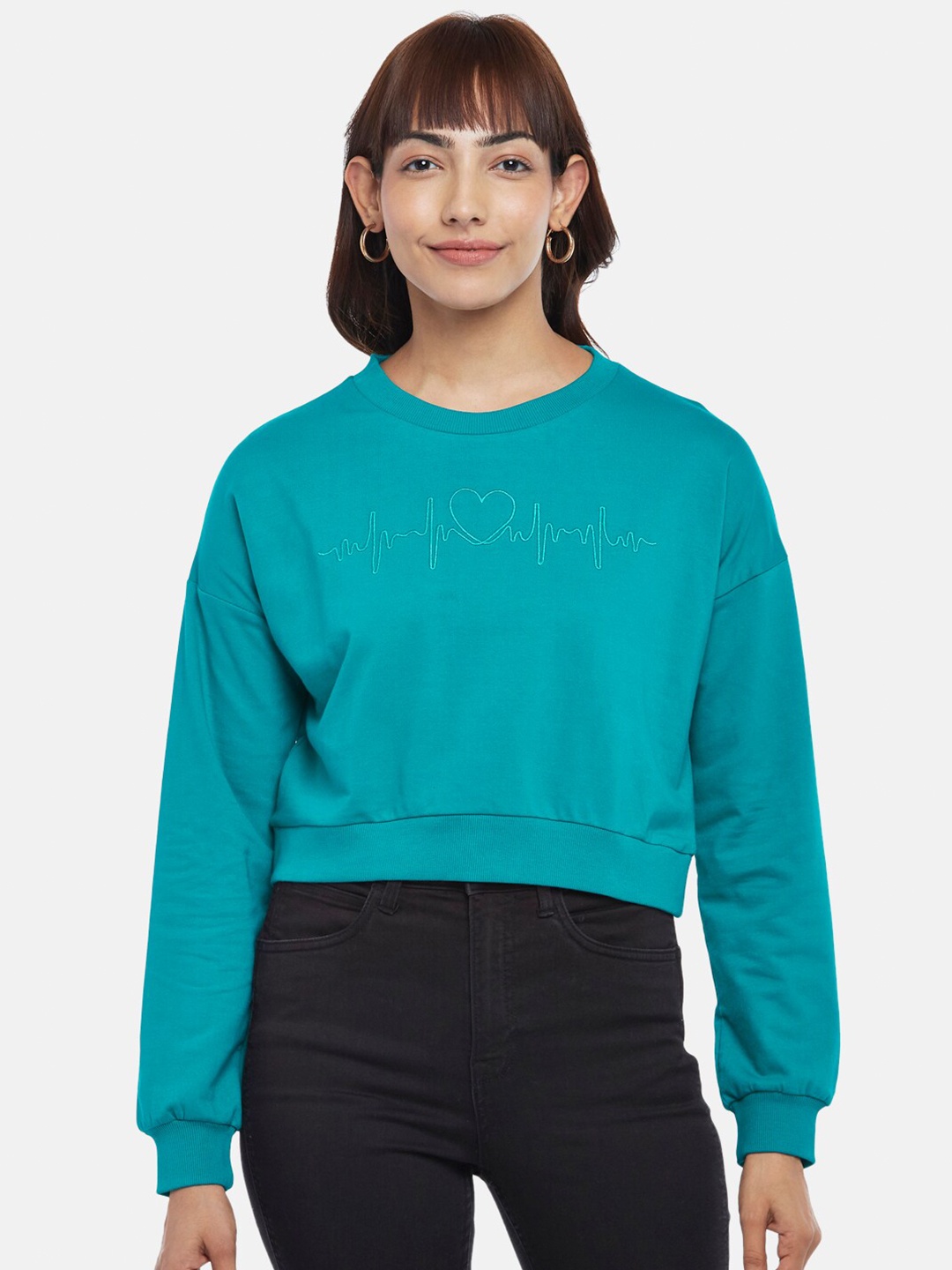 

People Women Solid Sweatshirt, Teal