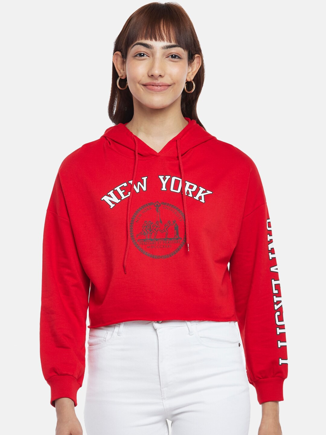 

People Women Printed Hooded Sweatshirt, Red