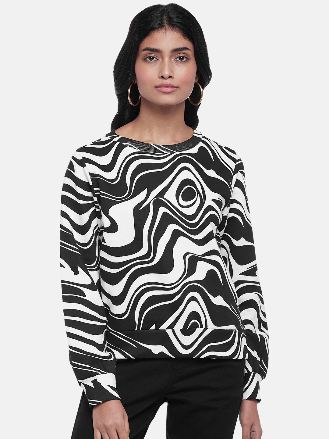 

People Women Printed Cotton Sweatshirt, Black