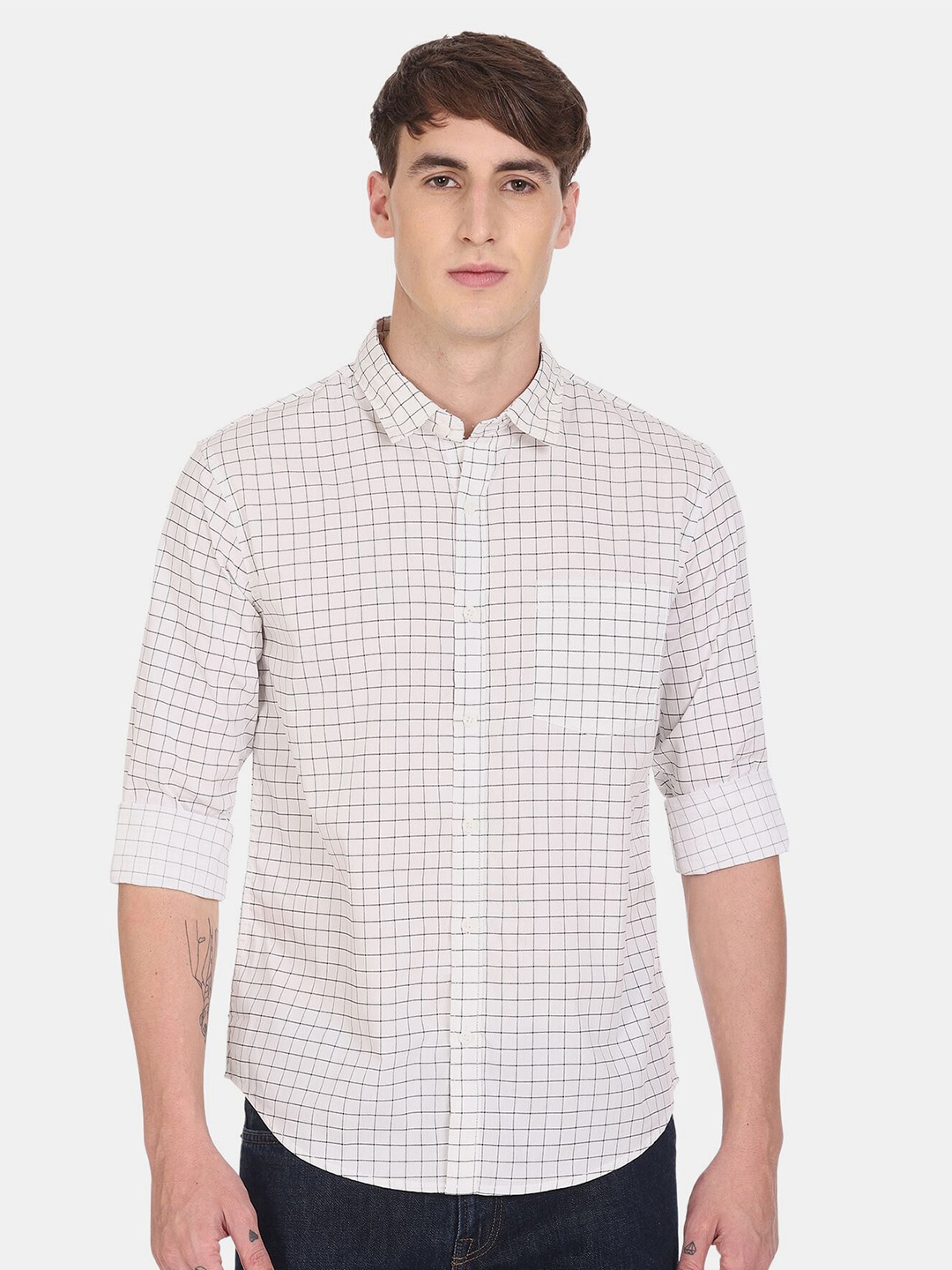 

Ruggers Men Grid Tattersall Checked Casual Shirt, White
