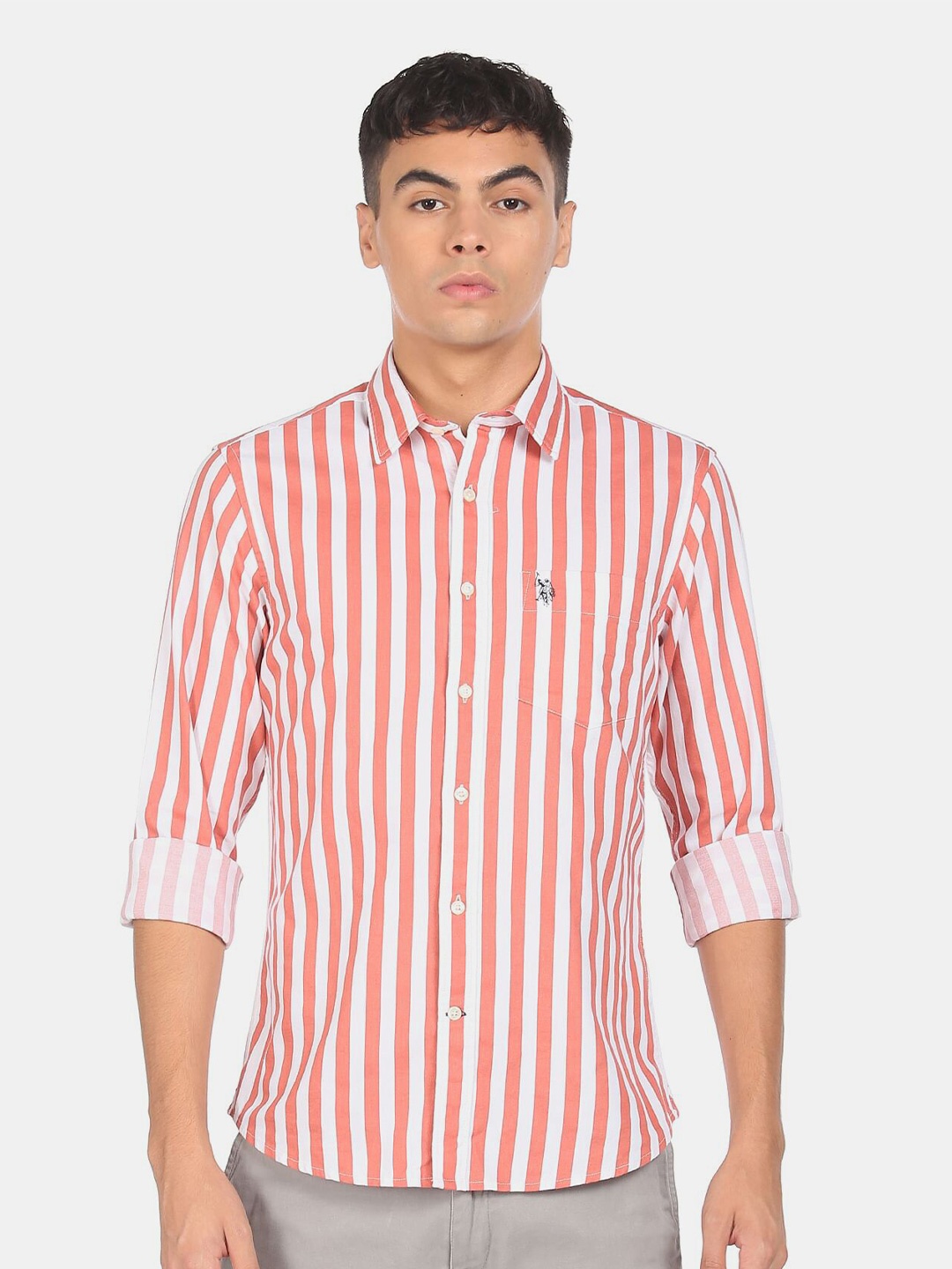 

U S Polo Assn Men Striped Pure Cotton Casual Shirt, Red