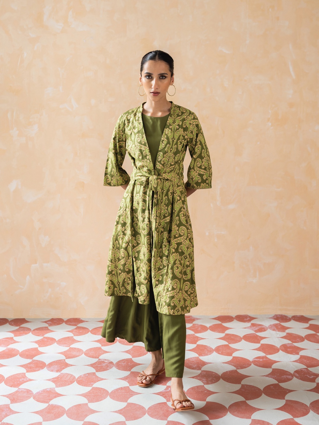 

W Women Green Ikkat Printed Jacket with Top and Flared Pants Co-ord Set
