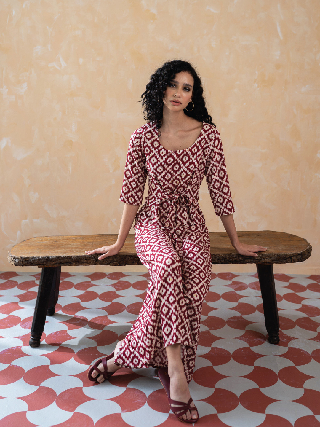 

W Women Dark Red Ikkat Print A-line Kurta with Flared Pants Co-ord Set