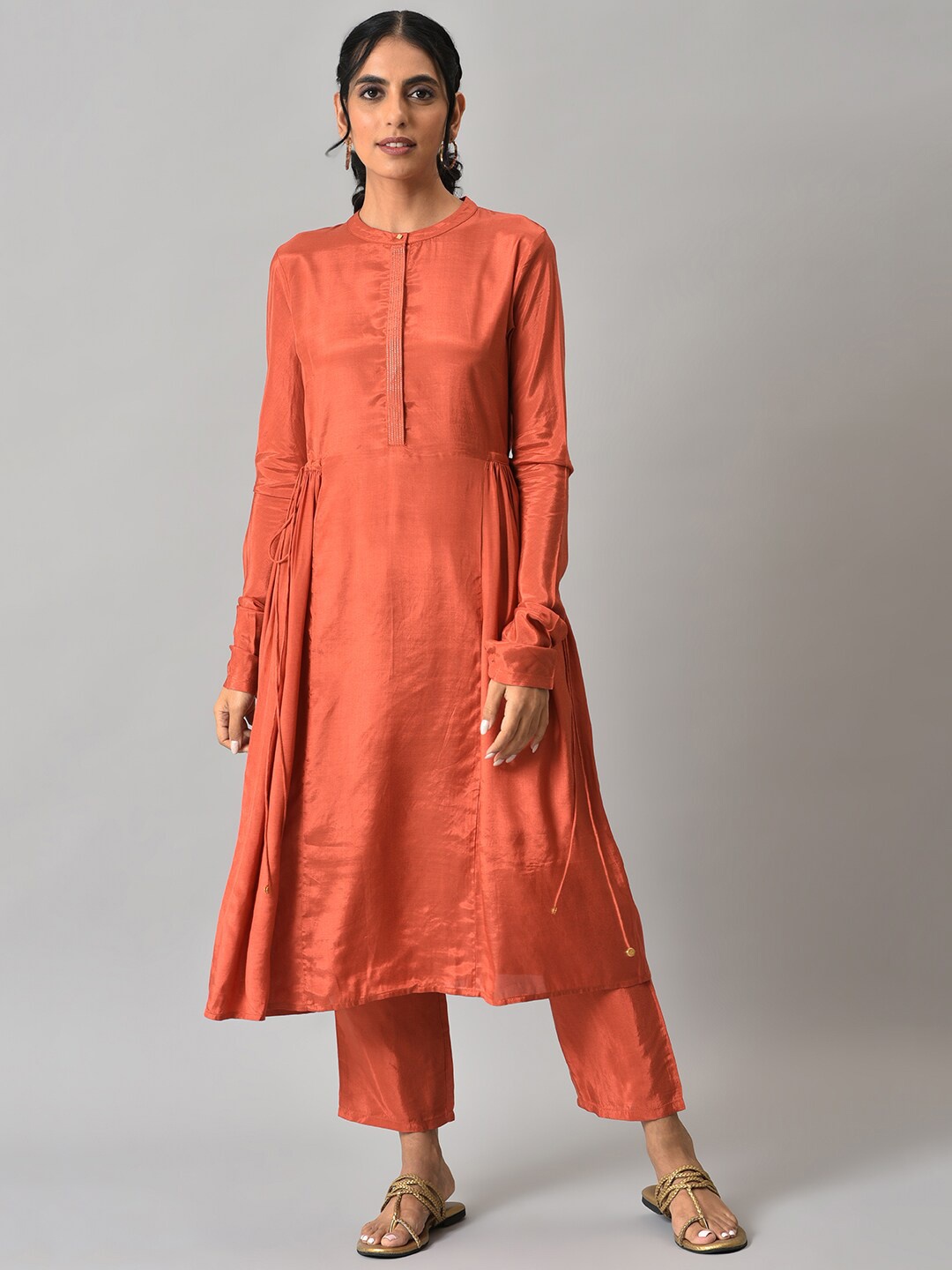 

W Women Orange Zari Top Stitched Placket Kurta with Straight Pants Co-ord Set