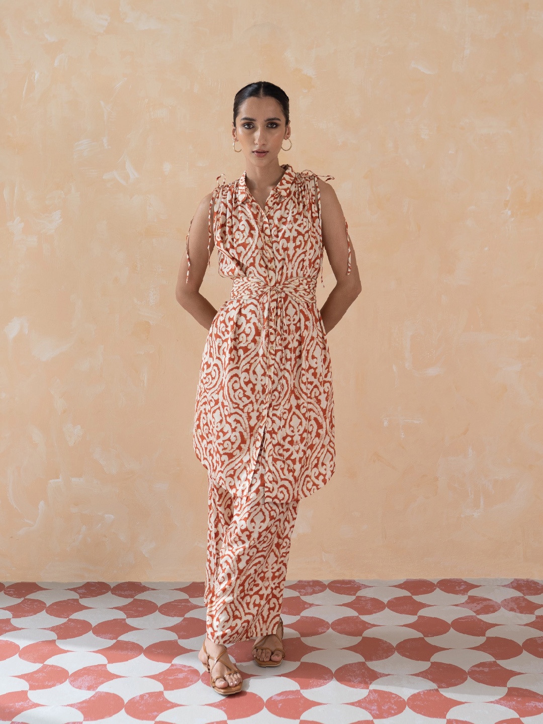 

W Women Orange Ikkat Printed Button Down Kurta with Palazzos