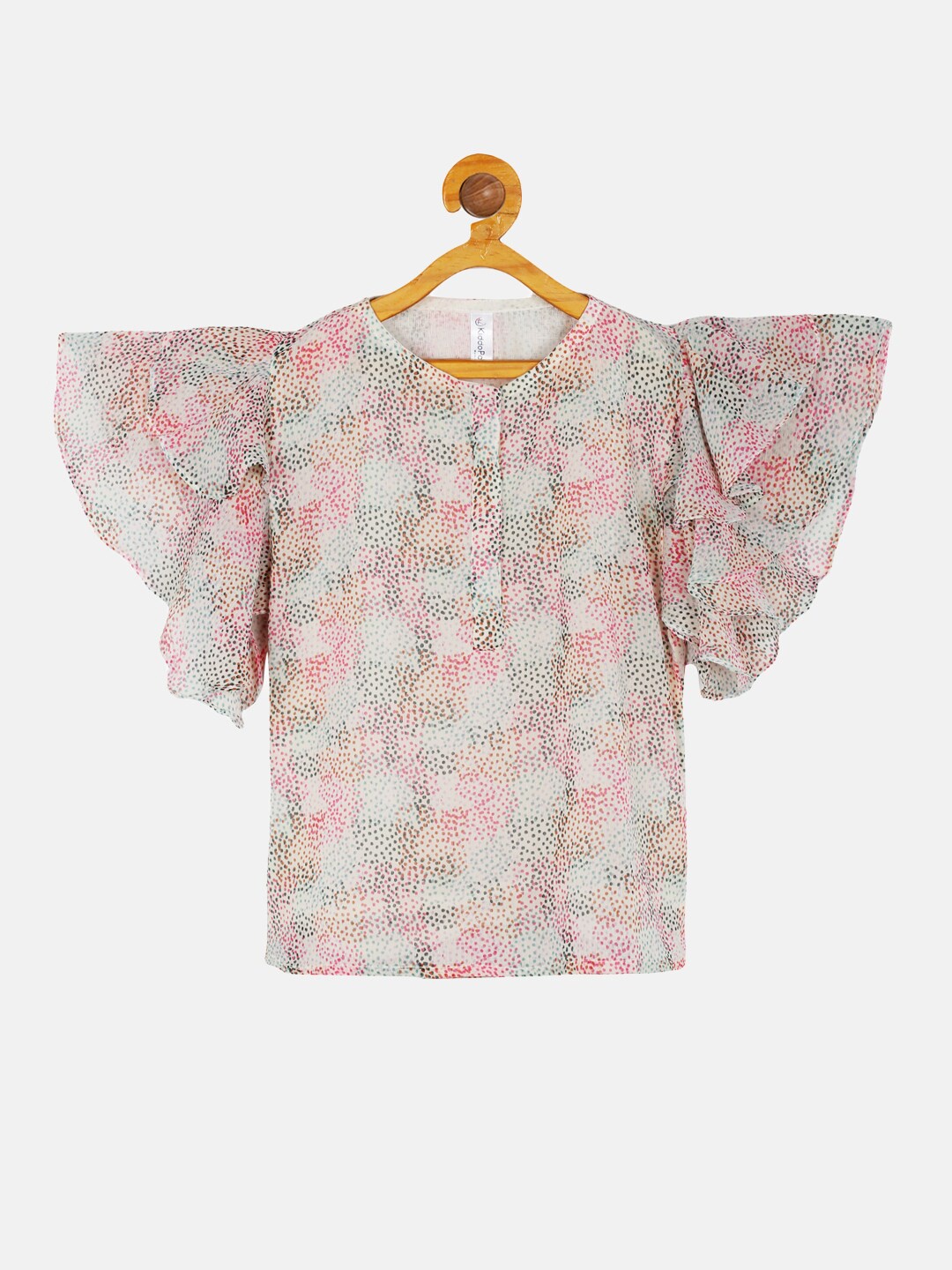 

KiddoPanti Peach-Coloured & Sea Green Print Georgette Frill layered Sleeve Top