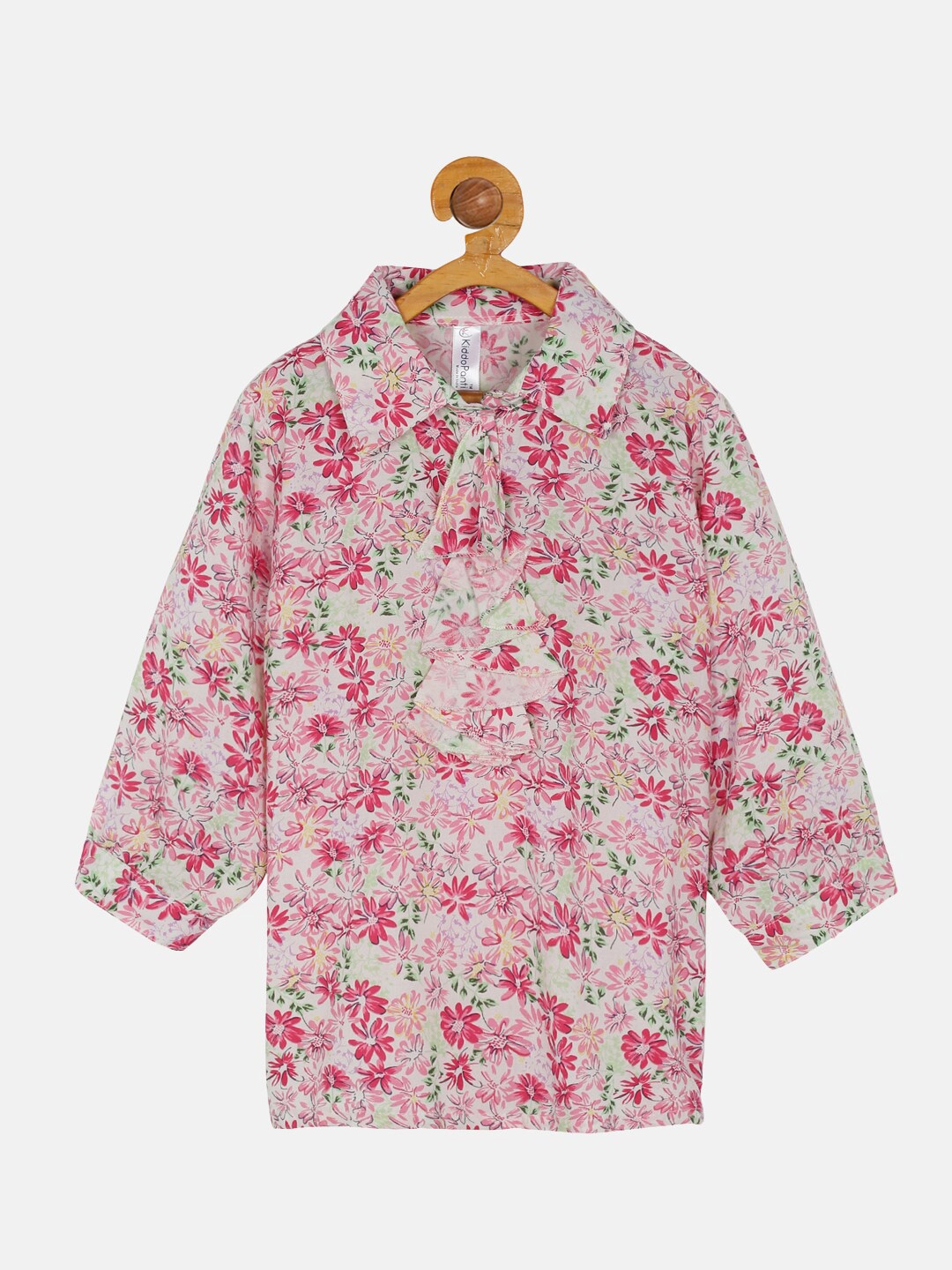 

KiddoPanti White & Pink Floral Print Collar Neck Georgette Top