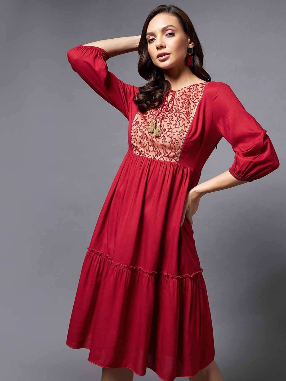 

Miss Chase Women Maroon & Peach Embroidered Ethnic A-Line Dress