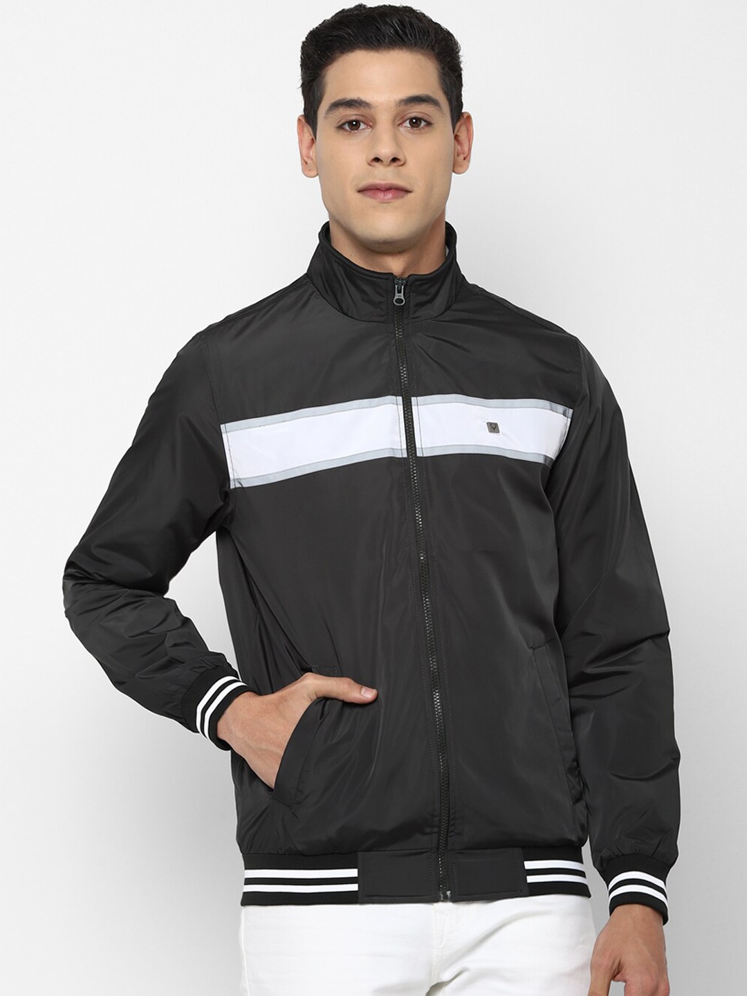 

Allen Solly Men Grey Striped Bomber with Patchwork Jacket