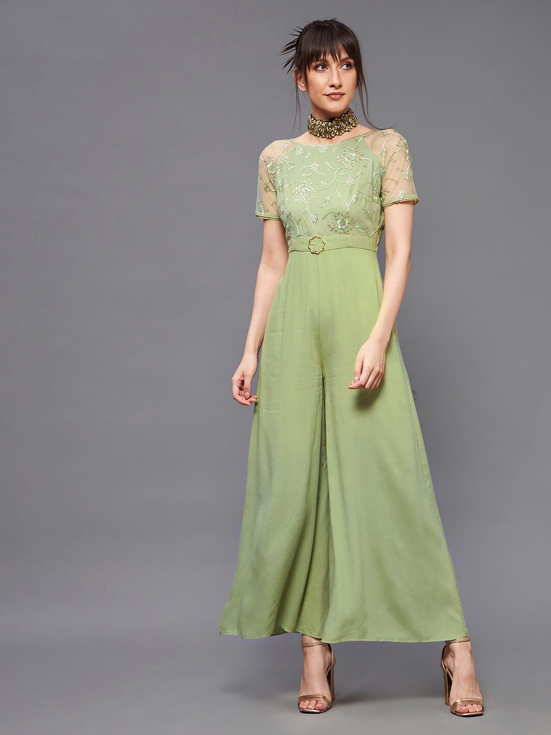 

Miss Chase Women Green & Gold-Toned Embroidered Pure Cotton Basic Jumpsuit