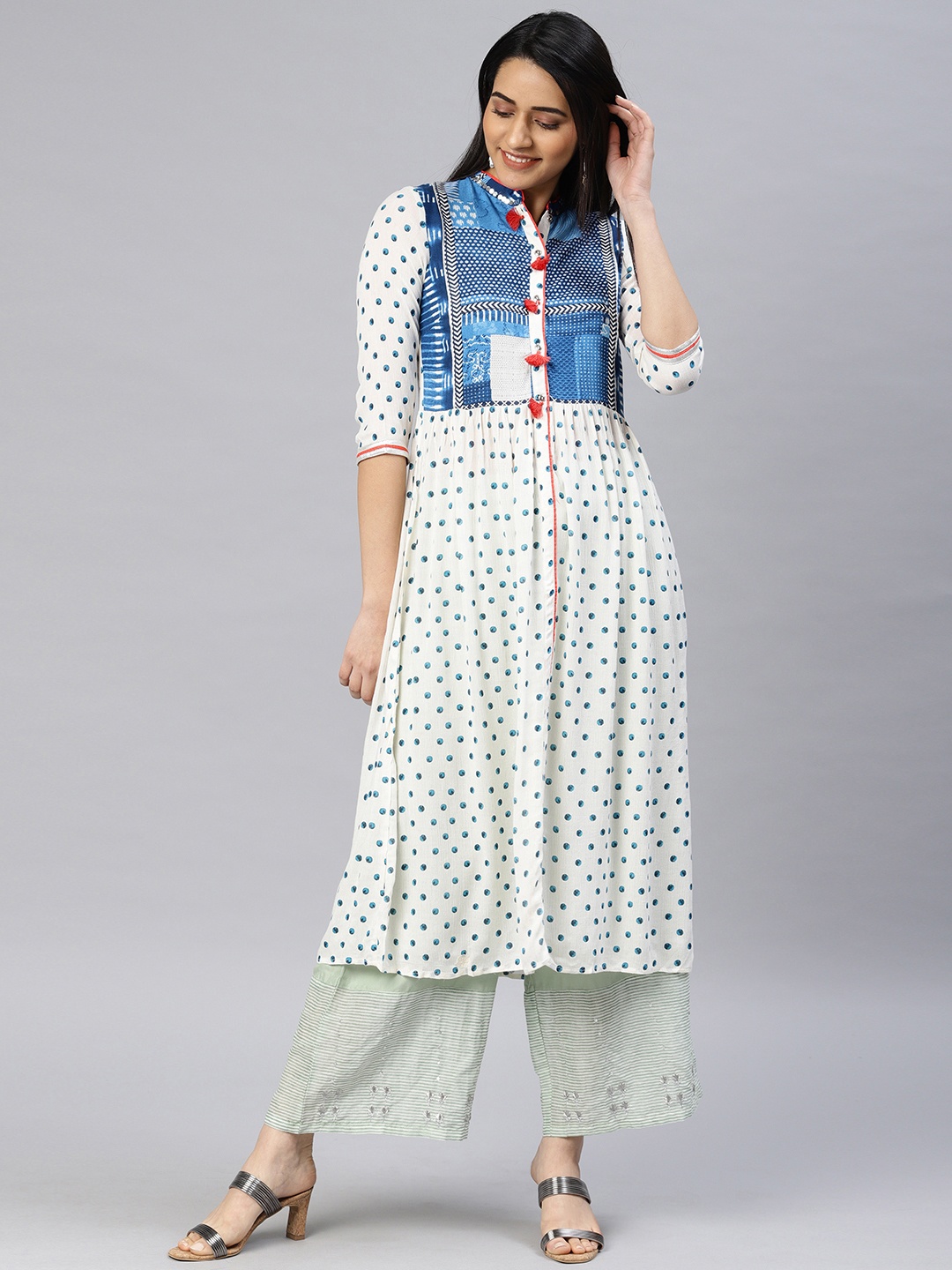 

W Women White & Blue Printed A-Line Kurta