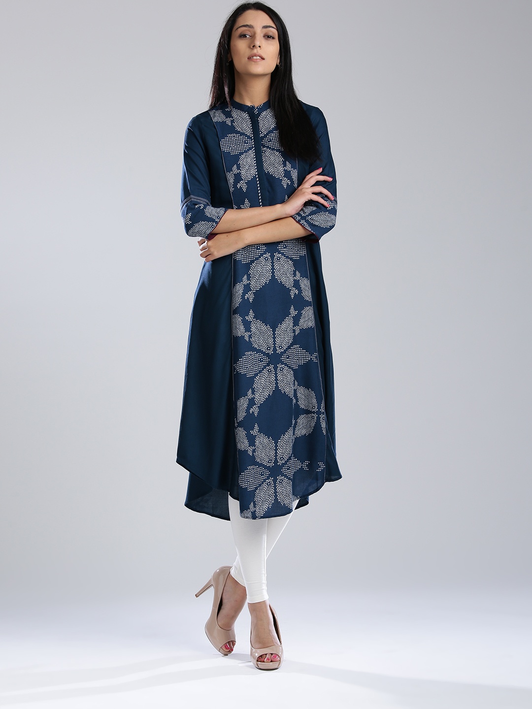 

W Women Navy & White Printed A-Line Kurta, Navy blue