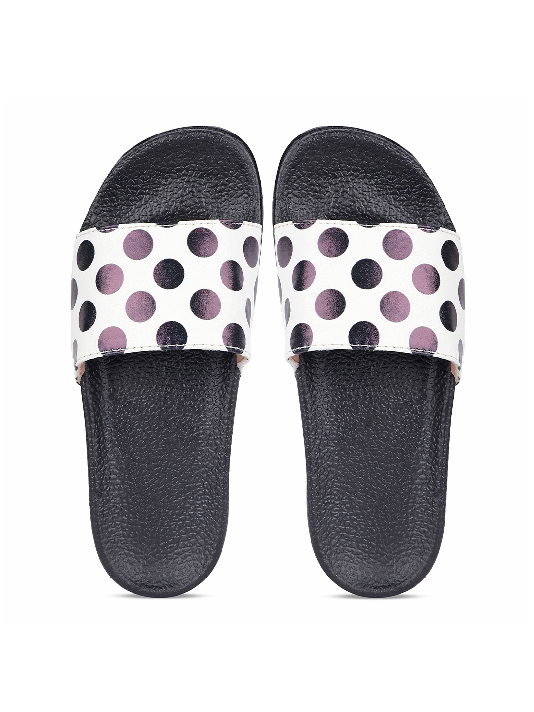 

AMACLASS Women Polka Dot Printed Sliders, Black