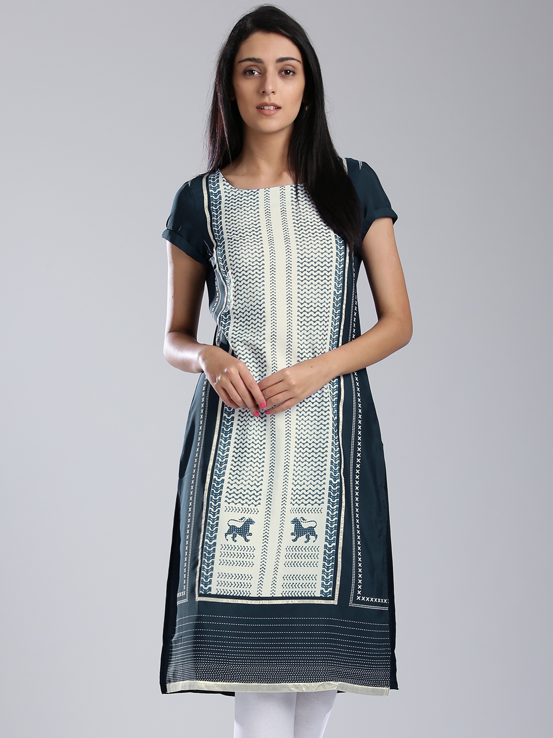 

W Women Navy Blue & White Printed Straight Kurta