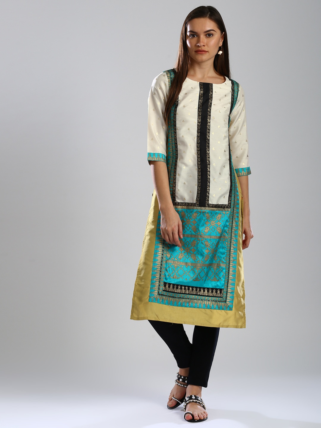 

W Women Mustard Yellow & Green Printed Straight Kurta