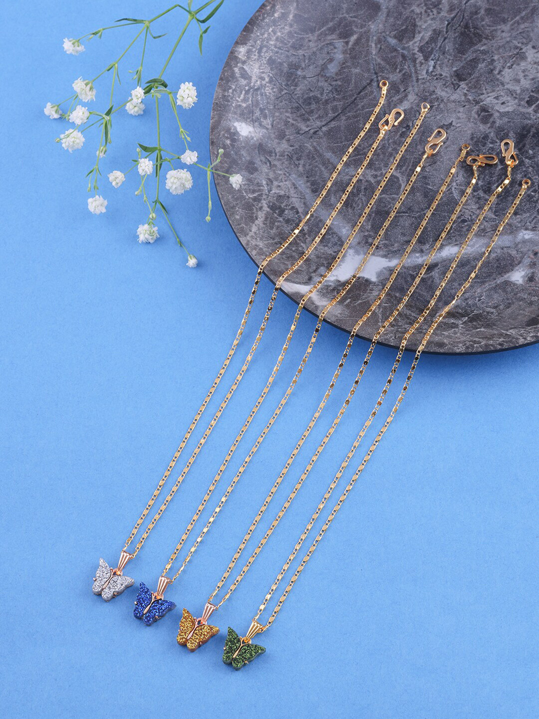 

Brandsoon Set Of 4 Gold-Toned & Blue Brass Gold-Plated Antique Necklace